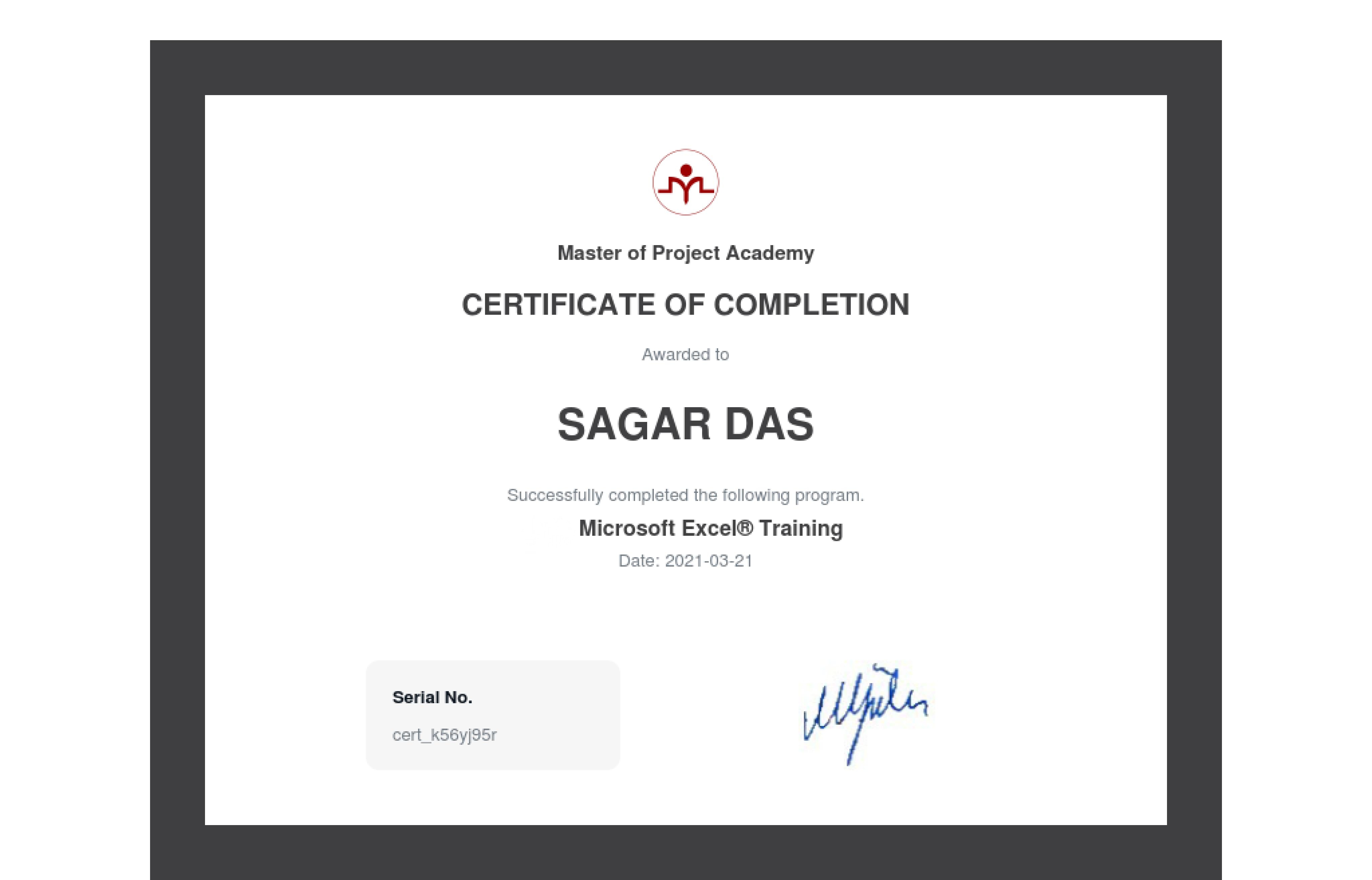 certificate of excel training