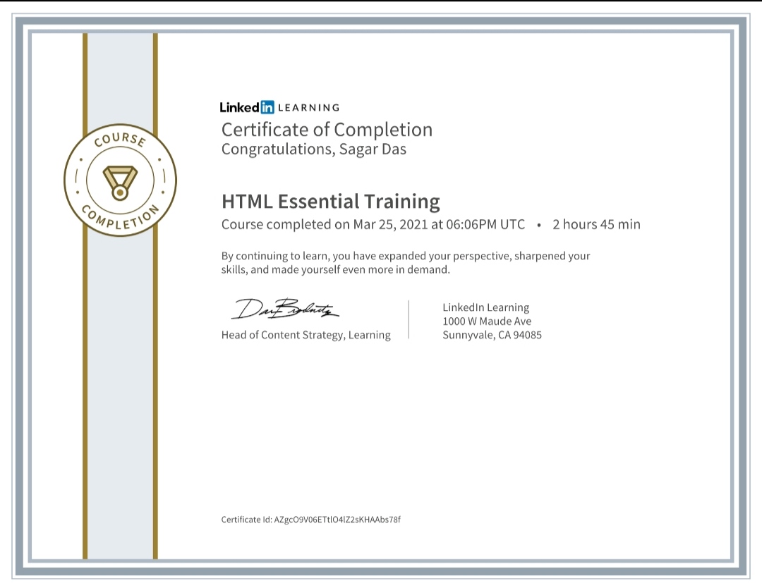 certificate of html course